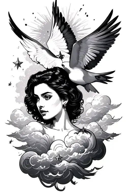 rip Troi hunt with clouds and dove birds with stars on forearm  tattoo design idea