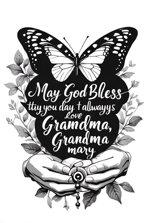 in cursive "may god bless you today and always, love grandma mary". with white butterfly and hands holding a rosary tattoo design idea