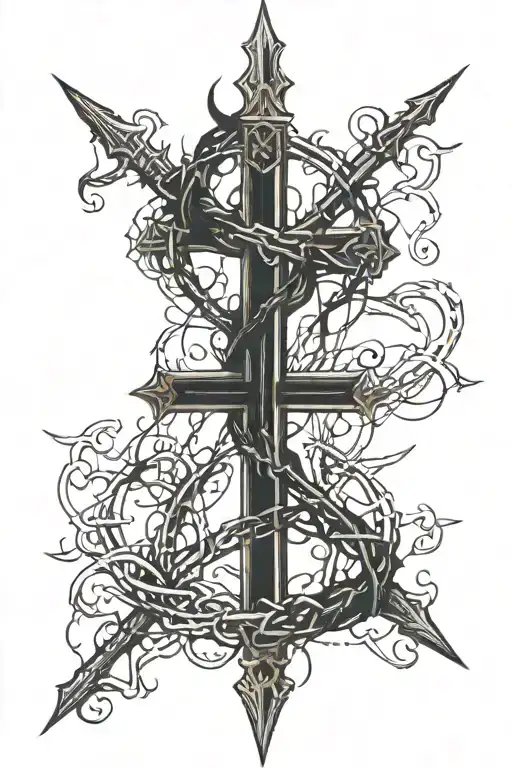 Latín Cross with crown of thorns and John 3:16 scripture intertwined tattoo design idea