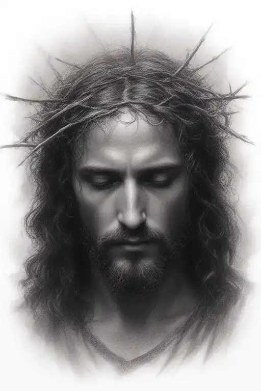 Hyper realistic portrait of Jesus Christ with a crown of thorns, looking down  tattoo design idea