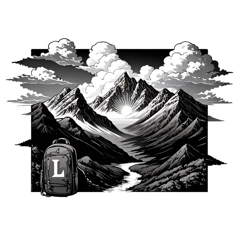 mountain landscape w/ clouds being pierced by sun. Rucksack at left base w/ capital letter L in center of it tattoo design idea