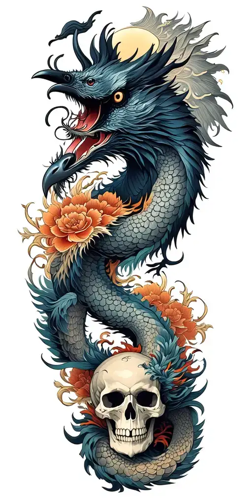 Chinese dragon and phoenix and skull and moon and raven tattoo design idea