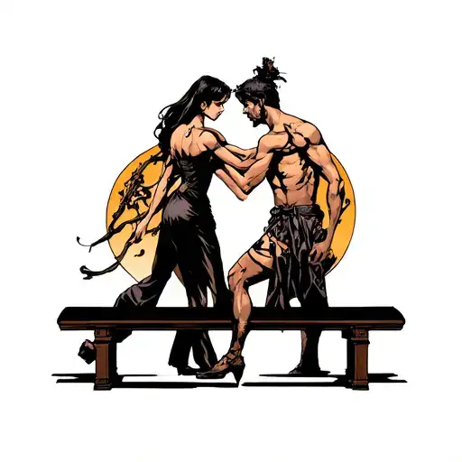 bdsm gear with woman standing  spanking a man over a bench tattoo design idea