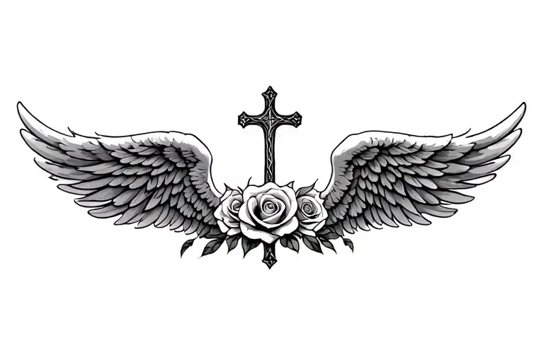 angel wings with cross and roses tattoo design idea