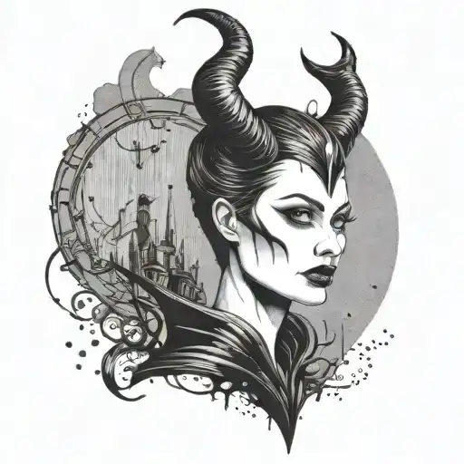 A surreal scene of Maleficent in a call center setting, with dotwork shading to create a unique and edgy tattoo design tattoo design idea