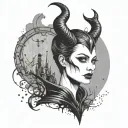 A surreal scene of Maleficent in a call center setting, with dotwork shading to create a unique and edgy tattoo design tattoo design idea