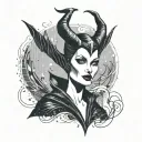 A surreal scene of Maleficent in a call center setting, with dotwork shading to create a unique and edgy tattoo design tattoo design idea