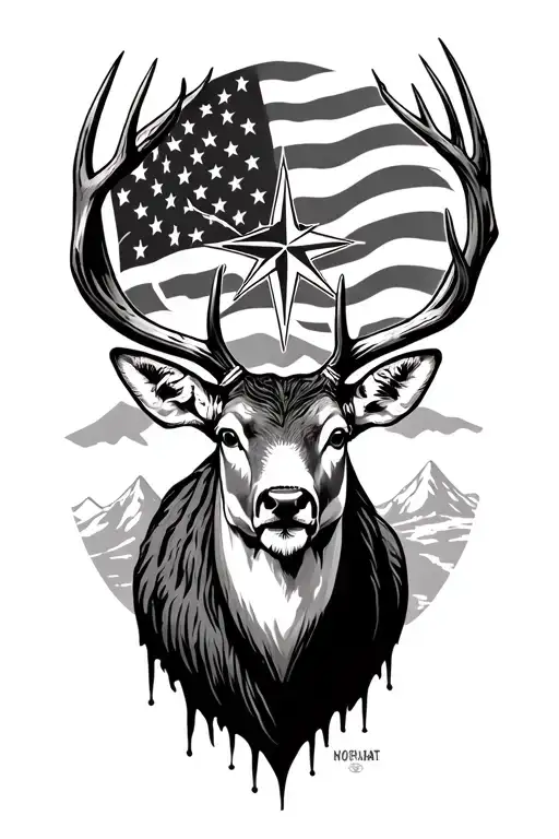 not all who wonder are lost compass, mountain stream, old u.s flag mule deer buck with drop tines tattoo design idea