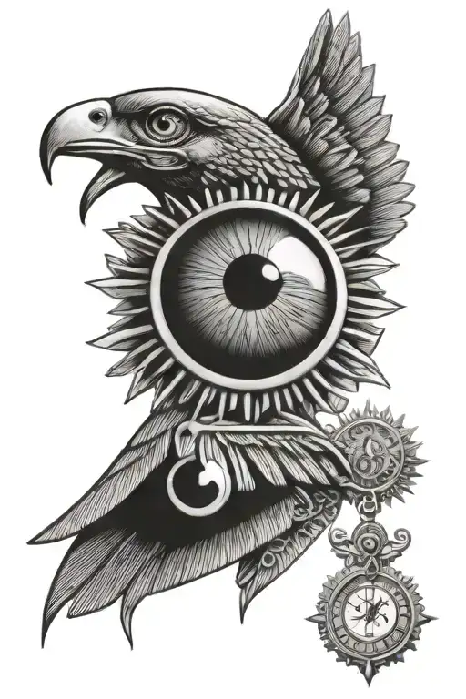 horus eye, old clock, Egyptian sun tattoo design idea