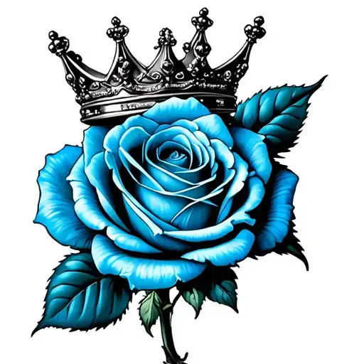 Kaiser blue rose with crown at the bottom connected to the stem upside down tattoo design idea