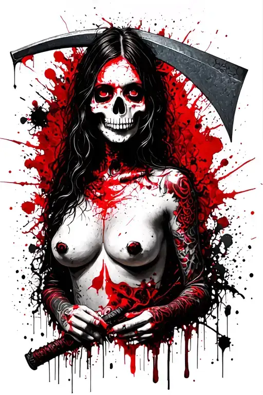 Girl with naked breasts in the image of death with a scythe in her hands tattoo design idea