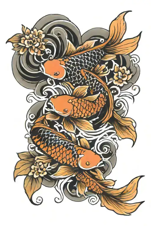2 koi fish and flower tattoo design idea