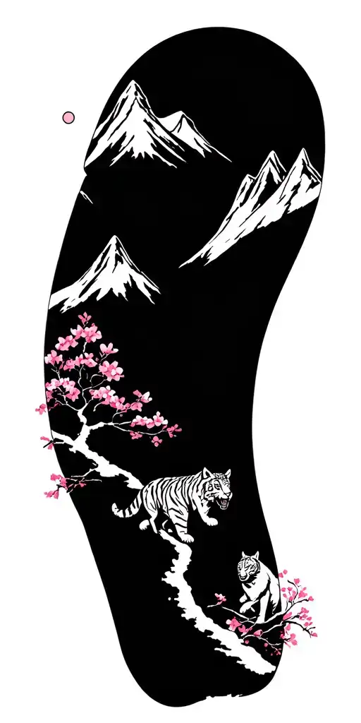 Mountain landscape with snow-capped peaks. Full figures of animals: lynx, wolverine, tiger. Cherry blossoms grow on a sunny mountain tattoo design idea