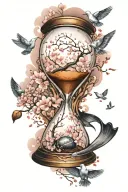 hour glass with one music note, one dove flying out and a peace symbol and cherry blossoms tattoo design idea
