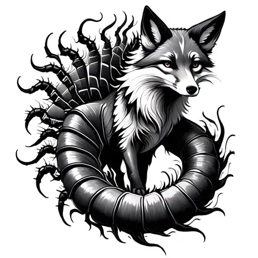 rib tattooHave the same flow as my fox, spirals flowing into the fox’s tail, connecting into a centipede in a tribal de tattoo design idea