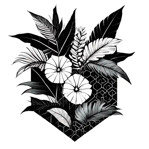 Tattoo sleeve, tropical paparotnik plants. Geometric honeycombs with patterns are located between the sheets. tattoo design idea