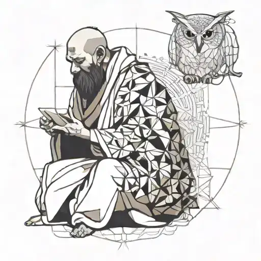 monk meditating and owl   tattoo design idea