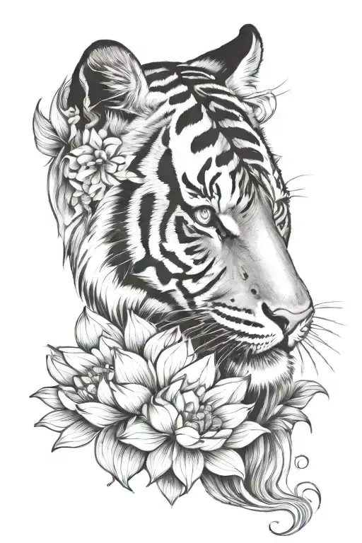 tiger head with lotus flower blooming tattoo design idea