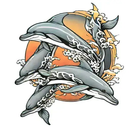 3 dolphins jumping with sunset tattoo design idea