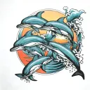 3 dolphins jumping with sunset tattoo design idea