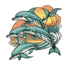 3 dolphins jumping with sunset tattoo design idea