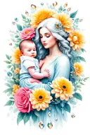modern white mum holding a baby surrounded by chrysanthemums, roses and topaz gems with a water colour wash background  tattoo design idea
