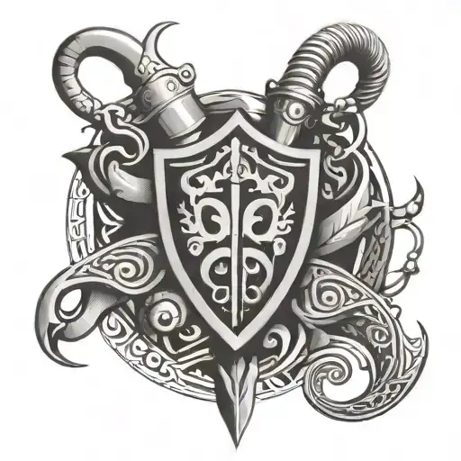 Two crossed laryngoscopes, in a tribal style, and with an injection of anesthesia in the middle, similar shield tattoo design idea