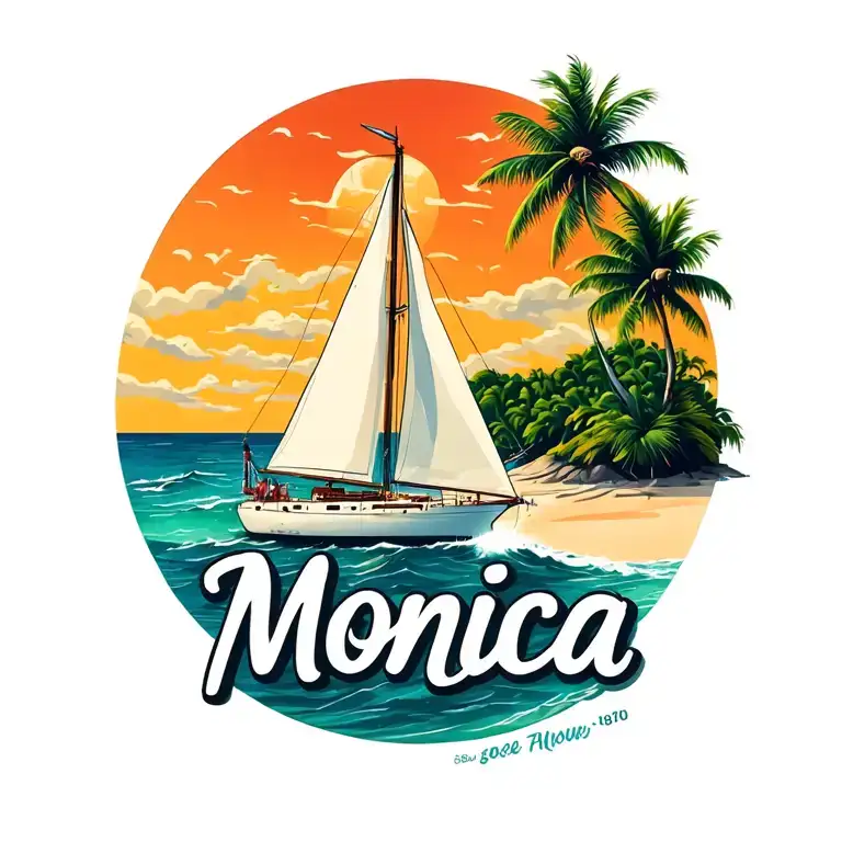 "Monica" "Monica" "Monica" "Monica"  "Monica" foreground white sailboat sailing away towards sunrise sky, ocean, island with palm, beach, no border tattoo design idea