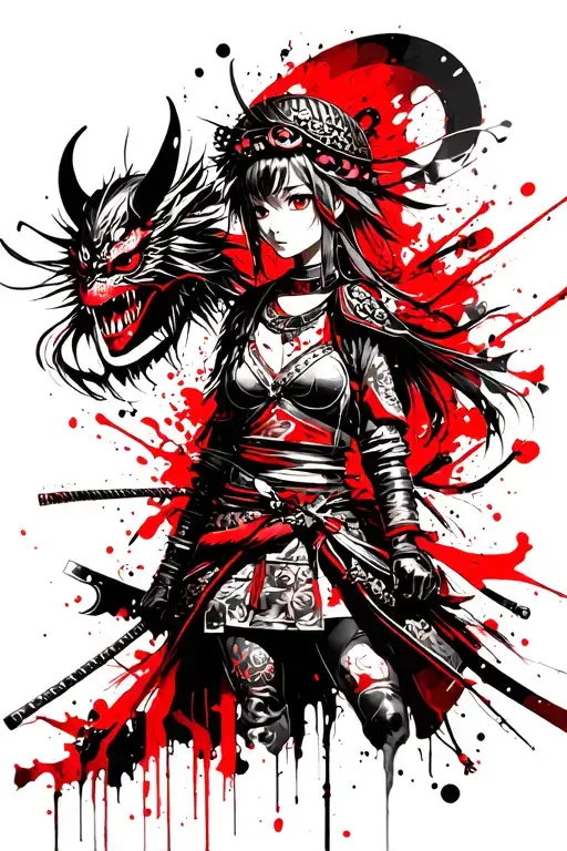 anime girl samurai with demon mask in japanese style tattoo design idea