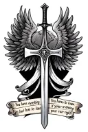 cross as a sword wings with words you have everything to lose if your wrong but you have nothing to lose if your right  tattoo design idea