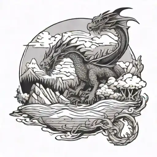 A mountain landscape with a dragon flying overhead and a family of fish swimming below tattoo design idea