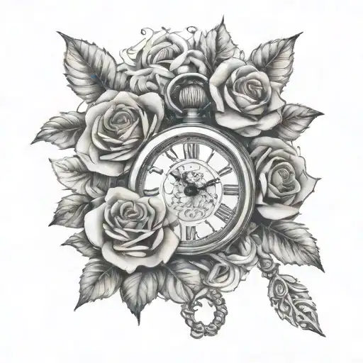 pocket watch with roses and Lucas name written tattoo design idea