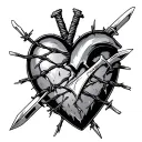 broken heart with barbed wire mending the break and two ice daggers stabbed into it  tattoo design idea