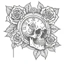 skull, clock, and roses tattoo design idea
