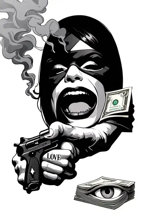 women mouth with smoke, masked guy holding a gun the words LOVE on knuckles, stack of money, eye with triangle around it tattoo design idea