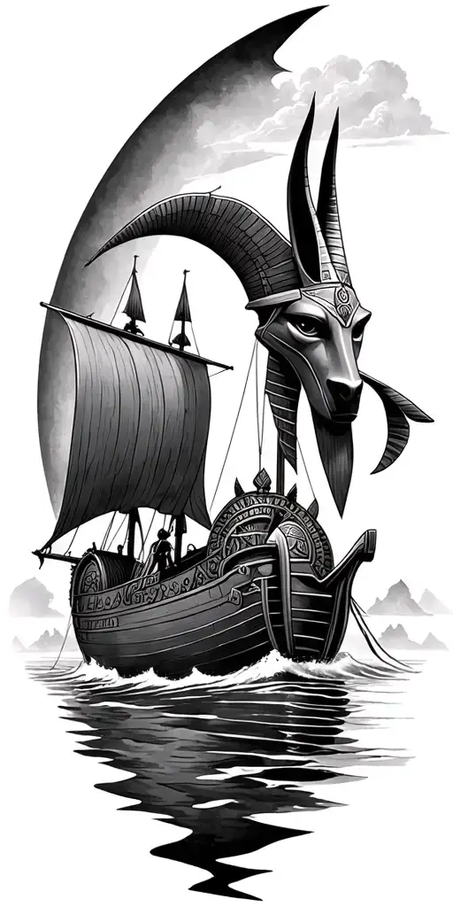 A fusion of Egyptian and Viking symbolism, featuring Anubis and a Viking ship sailing on the Nile River tattoo design idea