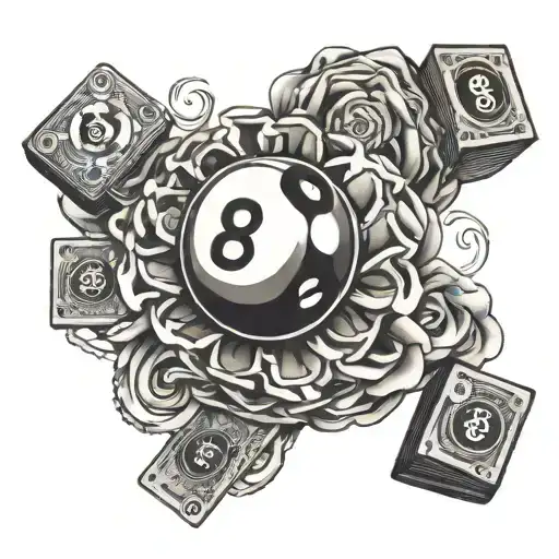 money cards rose dice 8 ball surrounded tattoo design idea