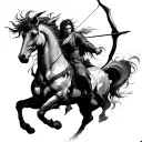 Create a high-resolution digital illustration of Sagittarius as a fierce, mythic centaur archer in dynamic motion. tattoo design idea