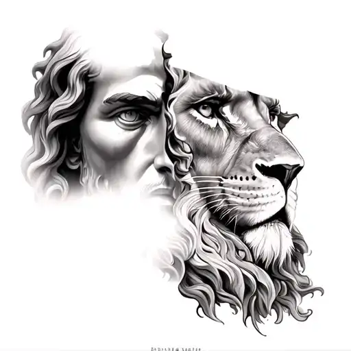 half jesus face half scarred lion tattoo design idea