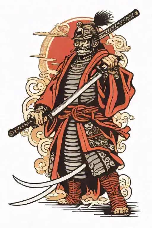 Japanese samurai warrior wielding sword with mask tattoo design idea