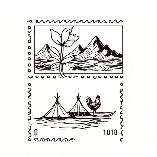  three post stamps, one with madeiran flower, second with mountains, tent and rooster, thirsd with surfboard and waves tattoo design idea