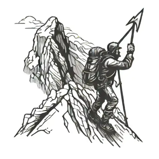 Mountaineer climbing mountain peak with ice axe in hand  tattoo design idea