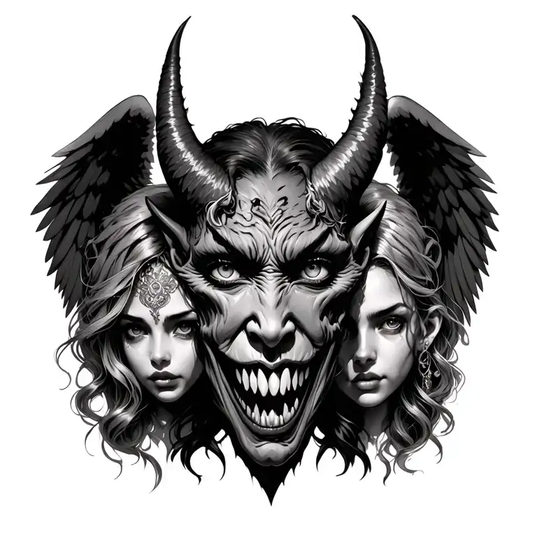 demon face with good girl demon and bad angel tattoo design idea