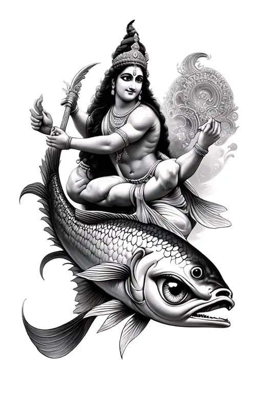 krishna as the background and arjuna hitting eye of fish tattoo design idea