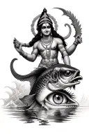 krishna as the background and arjuna hitting eye of fish tattoo design idea