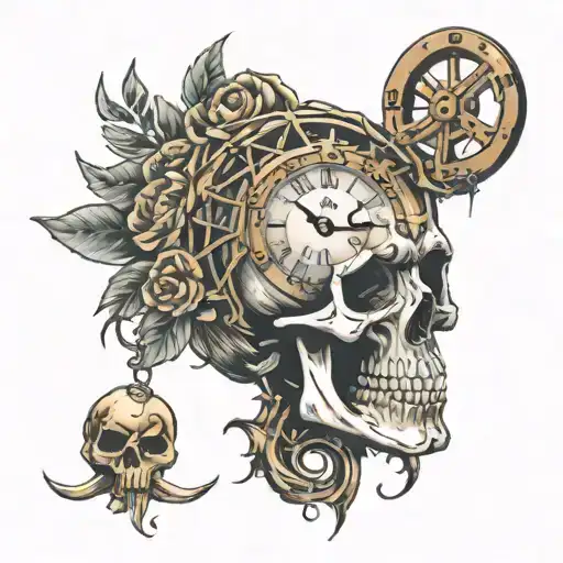 skull and broken clock tattoo design idea