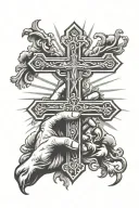cross with hands praying and sun shining tattoo design idea
