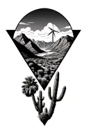 3 triangles palm spring desert mountains with windmills in the mountains and cactus tattoo design idea