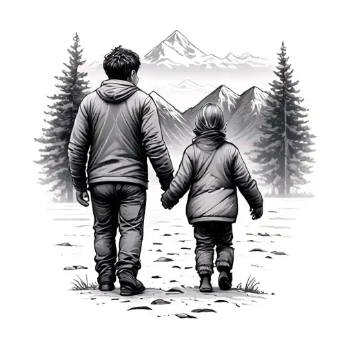 Dad with two children, Kucheryava’s daughter and son, holding hands go to the mountains tattoo design idea