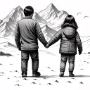 Dad with two children, Kucheryava’s daughter and son, holding hands go to the mountains tattoo design idea